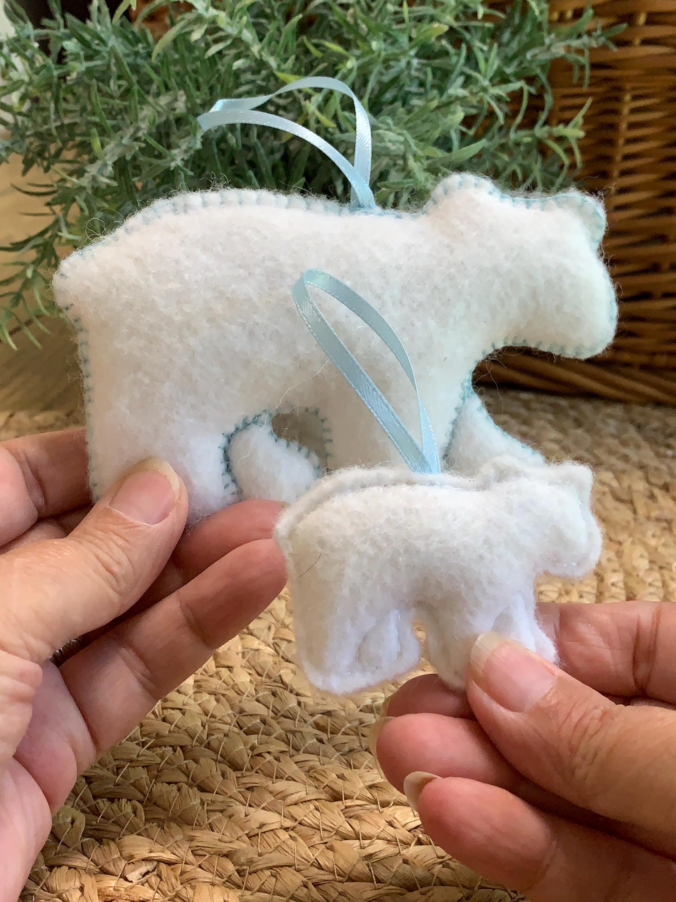 Heirloom Felt Polar Bear Ornament Set Baby Blue – Embroidered Mama and Baby – Handmade Gift for Nursery or Holiday Keepsake
