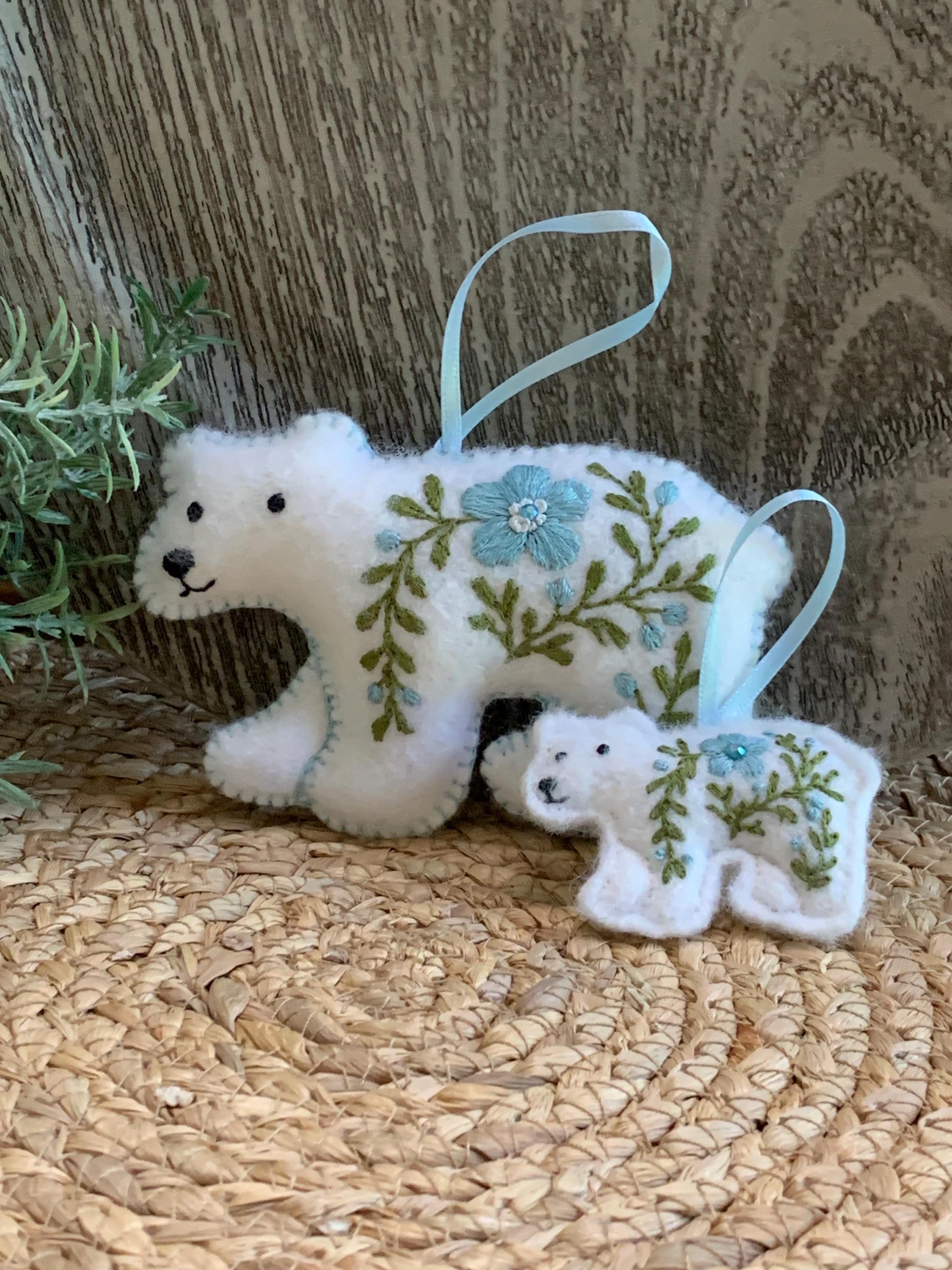 Heirloom Felt Polar Bear Ornament Set Baby Blue – Embroidered Mama and Baby – Handmade Gift for Nursery or Holiday Keepsake