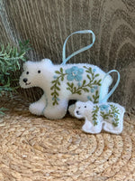 Load image into Gallery viewer, Heirloom Felt Polar Bear Ornament Set Baby Blue – Embroidered Mama and Baby – Handmade Gift for Nursery or Holiday Keepsake
