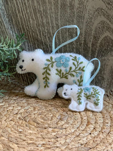 Heirloom Felt Polar Bear Ornament Set Baby Blue – Embroidered Mama and Baby – Handmade Gift for Nursery or Holiday Keepsake
