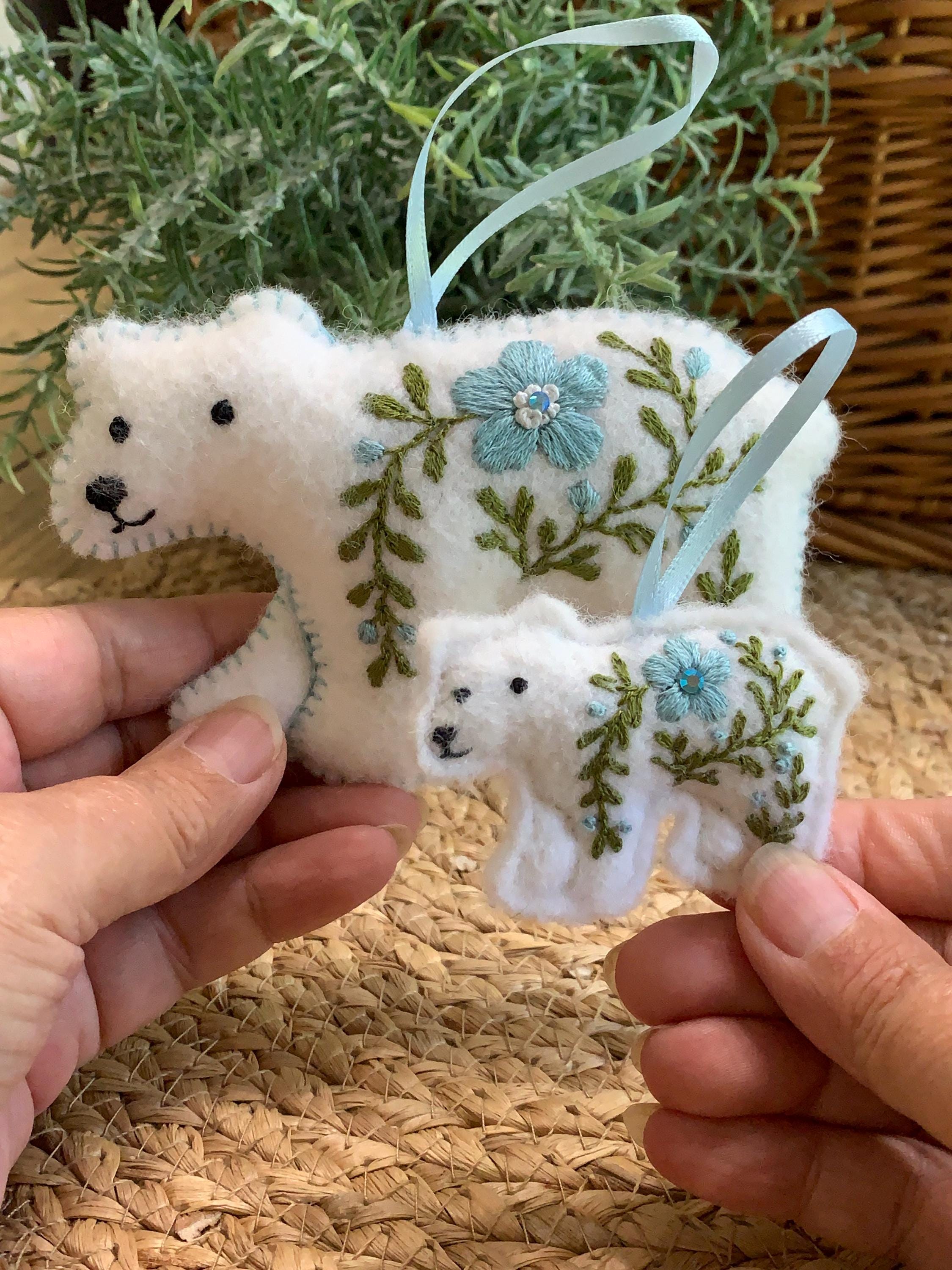 Heirloom Felt Polar Bear Ornament Set Baby Blue – Embroidered Mama and Baby – Handmade Gift for Nursery or Holiday Keepsake