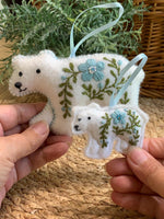 Load image into Gallery viewer, Heirloom Felt Polar Bear Ornament Set Baby Blue – Embroidered Mama and Baby – Handmade Gift for Nursery or Holiday Keepsake
