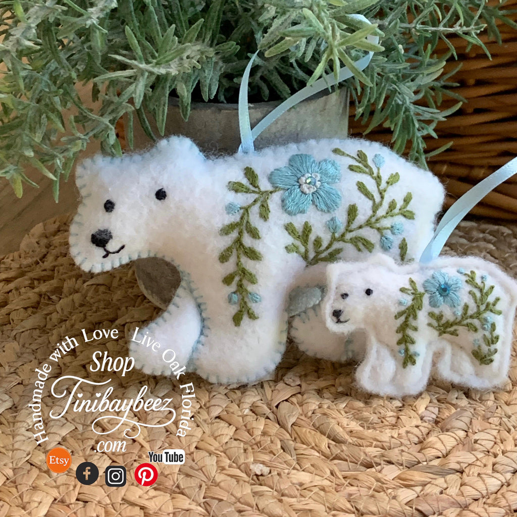 Heirloom Felt Polar Bear Ornament Set Baby Blue – Embroidered Mama and Baby – Handmade Gift for Nursery or Holiday Keepsake