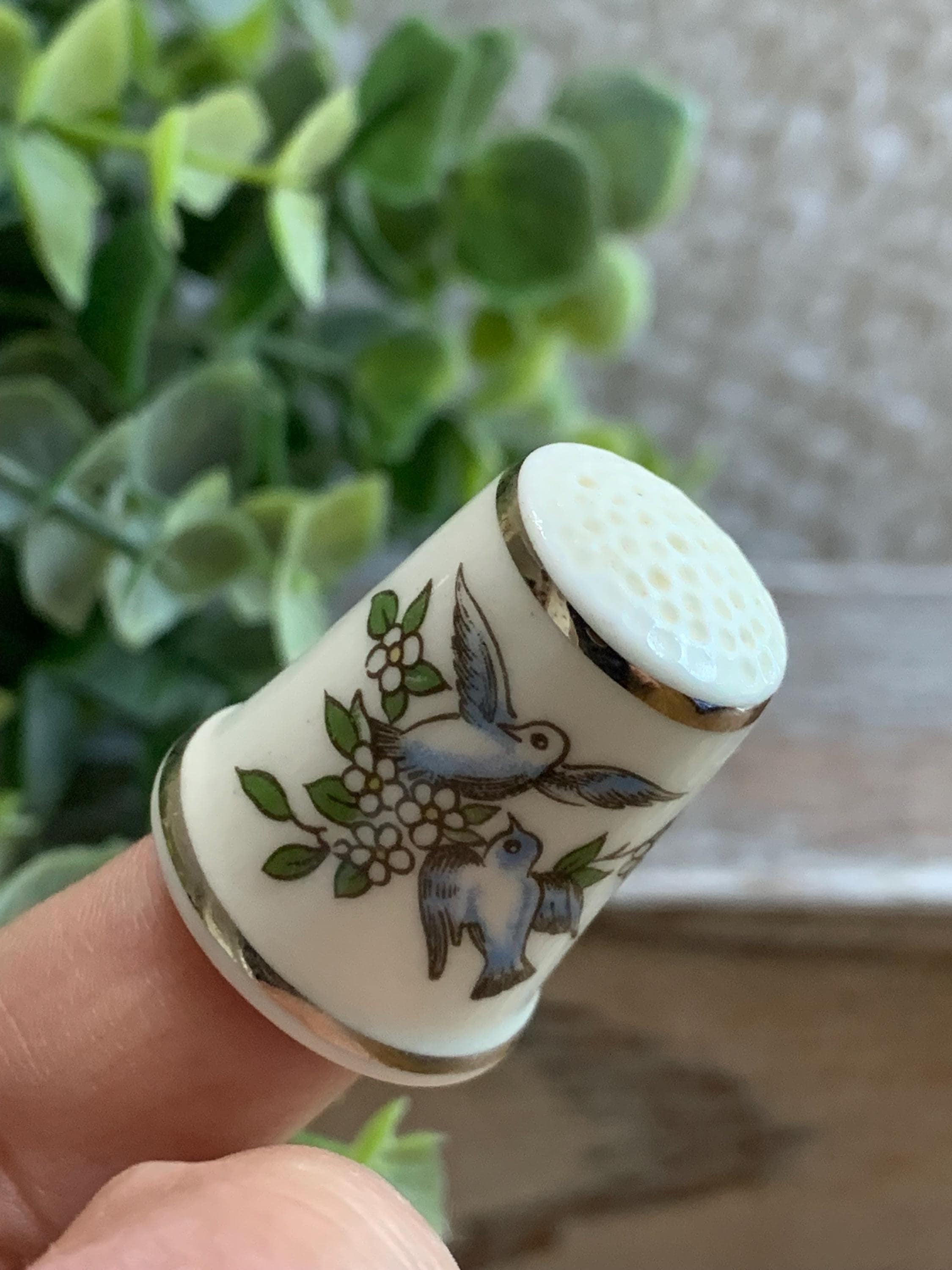 Royal Worcester Bone China Thimble Bluebirds and Blossoms 1980s Vintage England 1 Inch Miniature Collectible