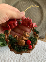 Load image into Gallery viewer, Vintage Squirrel Ornament - Silvestri Wreath with Bow and Berries - 1980s Taiwan
