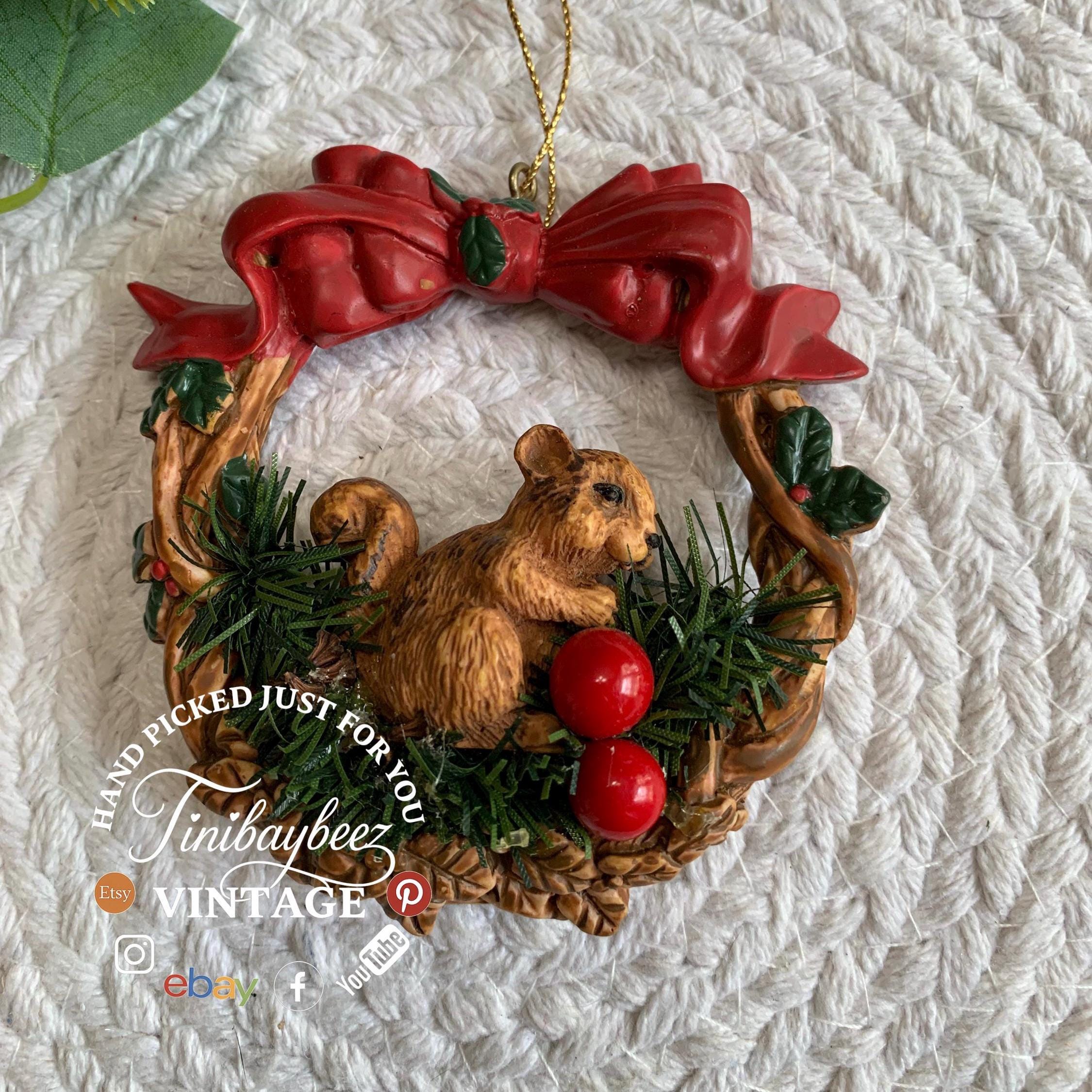 Vintage Squirrel Ornament - Silvestri Wreath with Bow and Berries - 1980s Taiwan