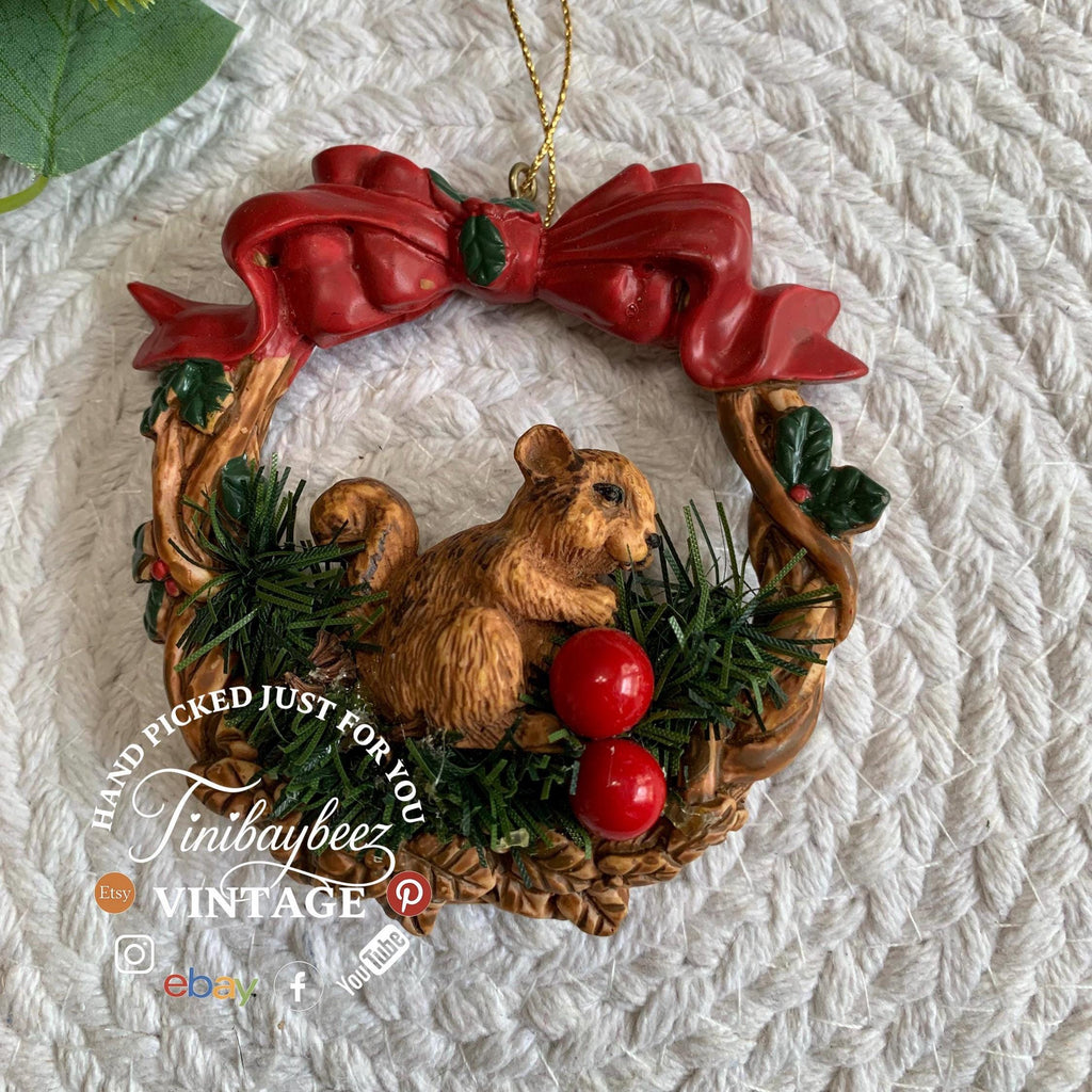 Vintage Squirrel Ornament - Silvestri Wreath with Bow and Berries - 1980s Taiwan