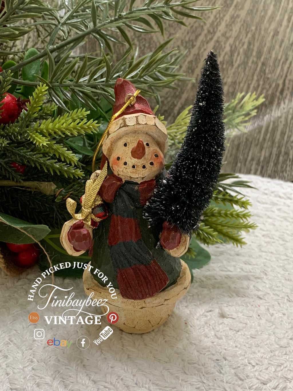 Vintage Snowman Ornament with Bottle Brush Tree – Rustic Pot Holiday Decor
