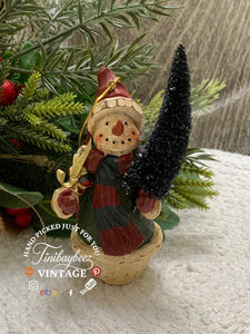 Vintage Snowman Ornament with Bottle Brush Tree – Rustic Pot Holiday Decor