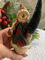 Load image into Gallery viewer, Vintage Snowman Ornament with Bottle Brush Tree – Rustic Pot Holiday Decor
