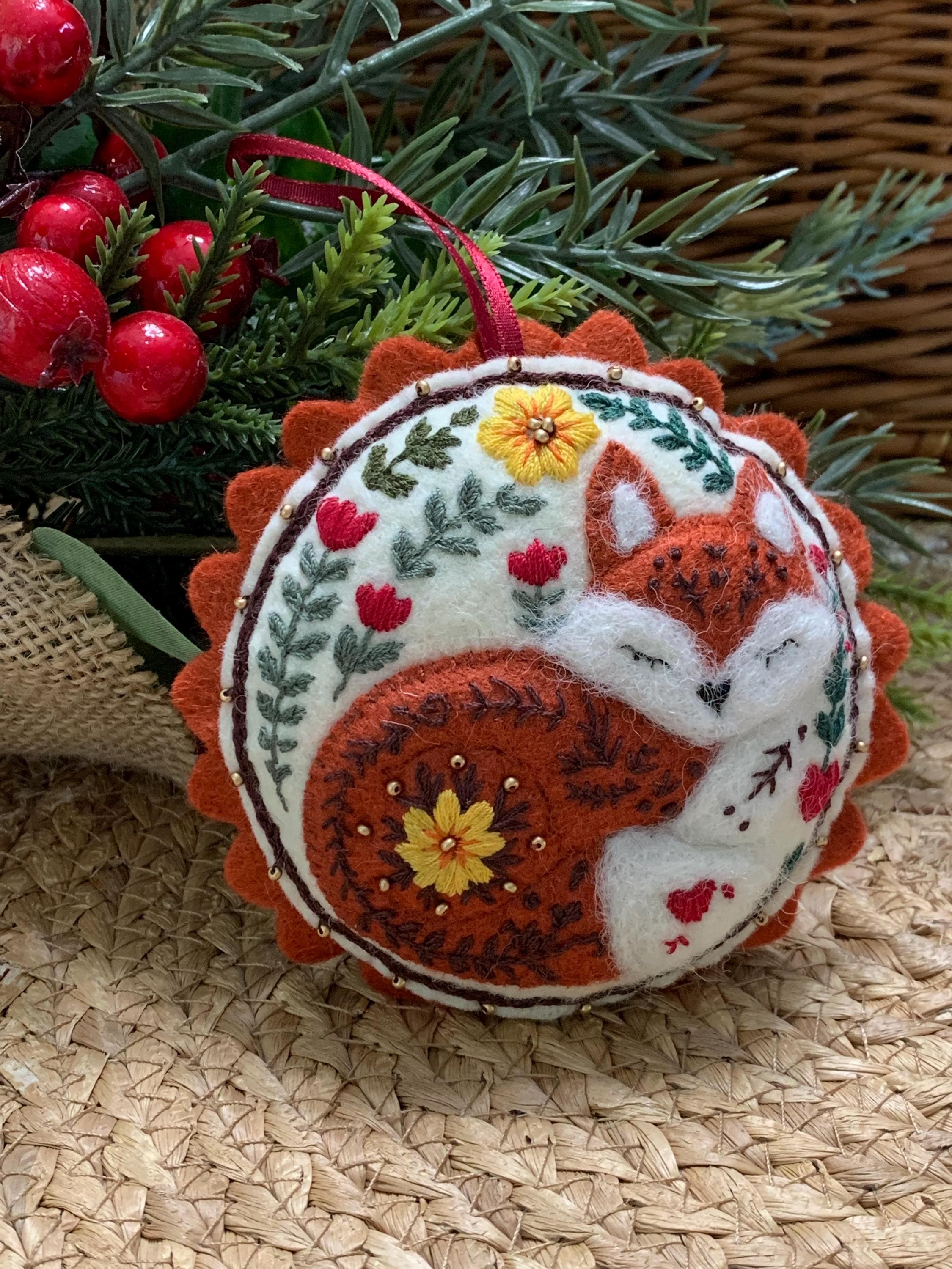 Embroidered Felt Fox Ornament - Woodland Christmas Decoration - Hand Stitched Cozy Fox - Rustic Animal Holiday Decor