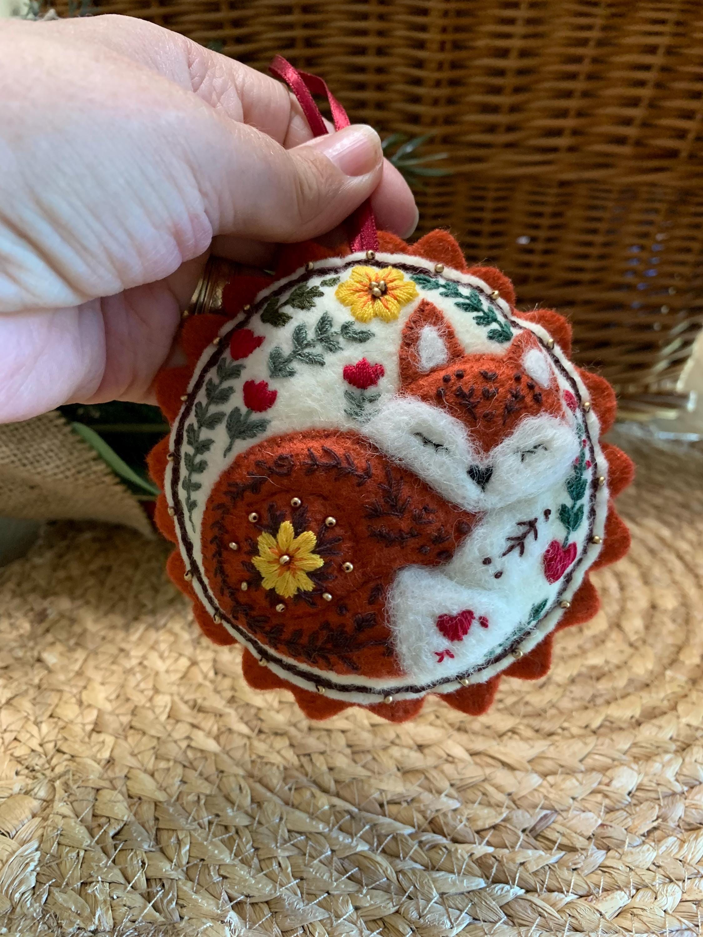 Embroidered Felt Fox Ornament - Woodland Christmas Decoration - Hand Stitched Cozy Fox - Rustic Animal Holiday Decor