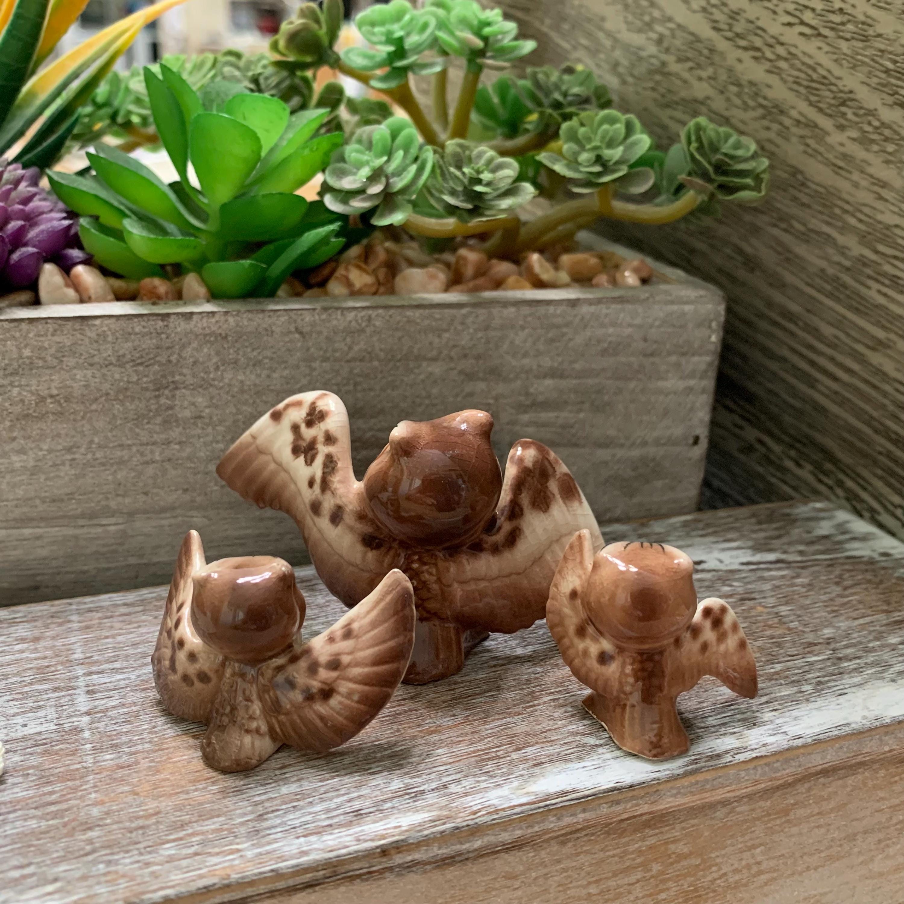 Vintage Miniature Owl Figurines – Set of 3 – Attributed to Hagen-Renaker California – Ceramic Birds with Outstretched Wings