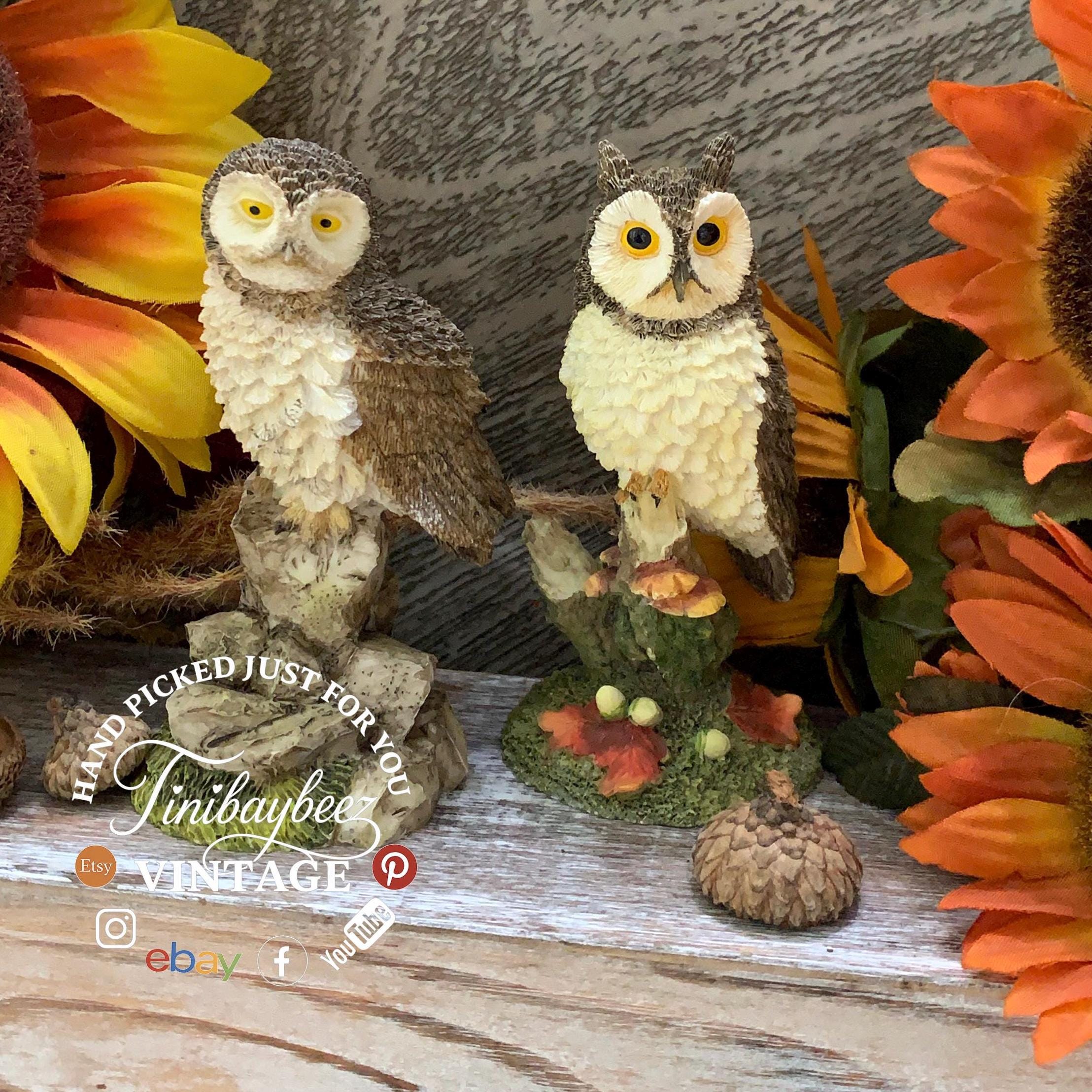 Vintage Owl Figurines Pair – 1996 Prestige Designs & Munro – Short Eared Owl Wildlife Resin Sculptures – Realistic Fall Decor