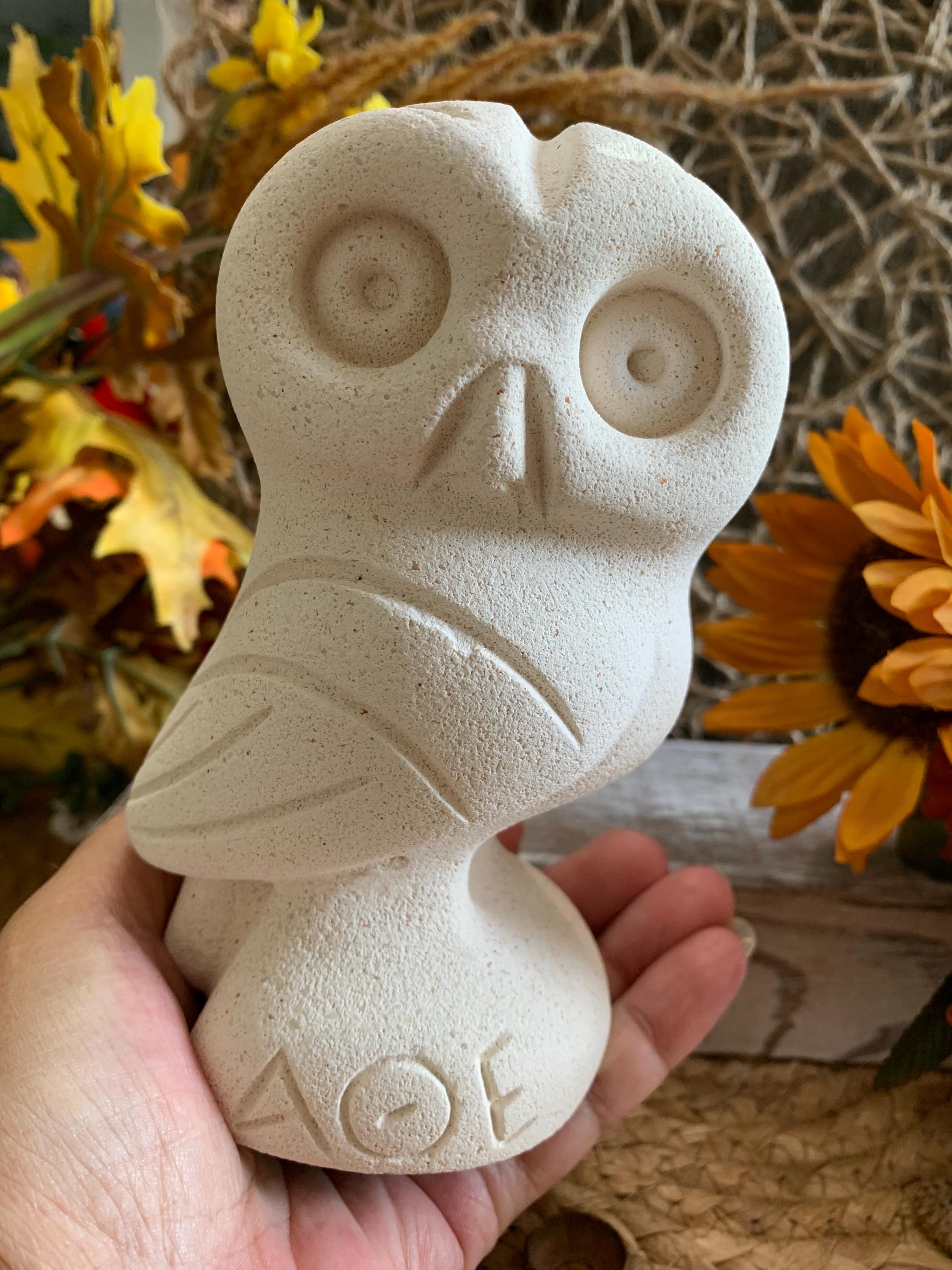 Greek Owl Sculpture – Heavy Cast Stone Figurine – Athena Symbol with ΑΘΕ – Wisdom Decor – 5 Inch