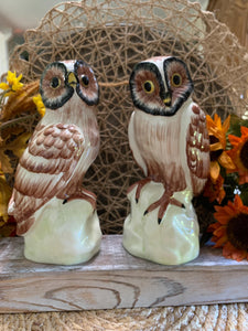 Vintage Italian Owl Figurines – Hand Painted Ceramic Pottery Pair – Marked Italy – 8 Inch Tall Owls