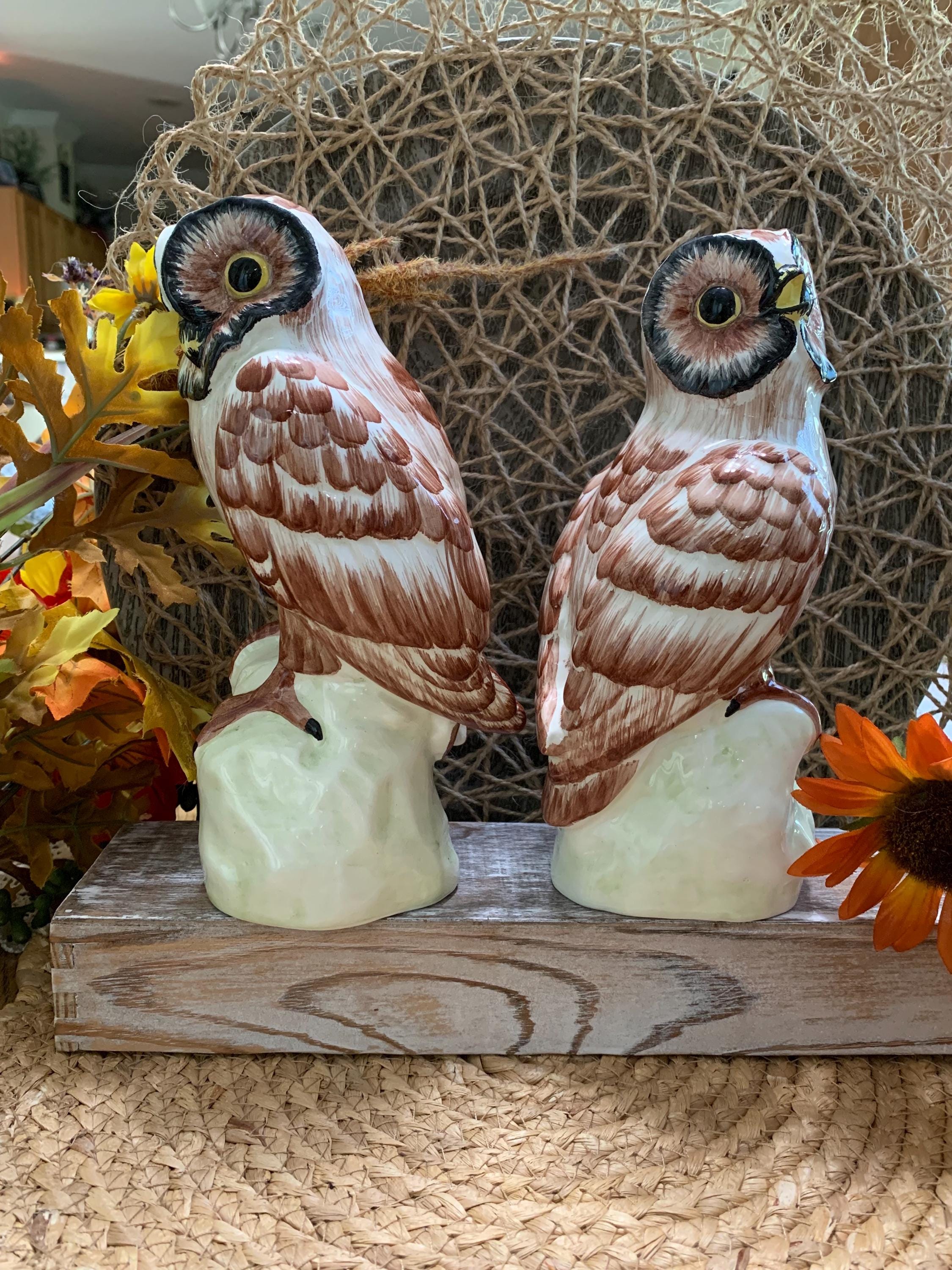 Vintage Italian Owl Figurines – Hand Painted Ceramic Pottery Pair – Marked Italy – 8 Inch Tall Owls
