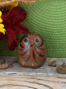 Vintage Hand-Painted Mexican Folk Art Owl Figurine – Red & Black Pottery