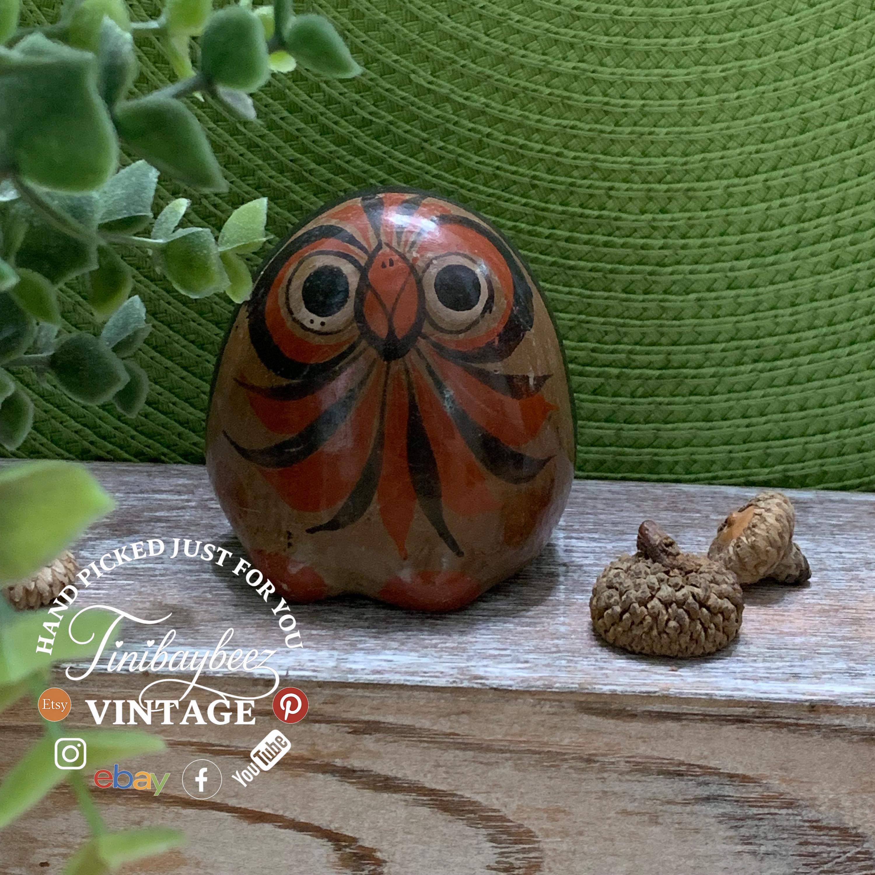 Vintage Hand-Painted Mexican Folk Art Owl Figurine – Red & Black Pottery