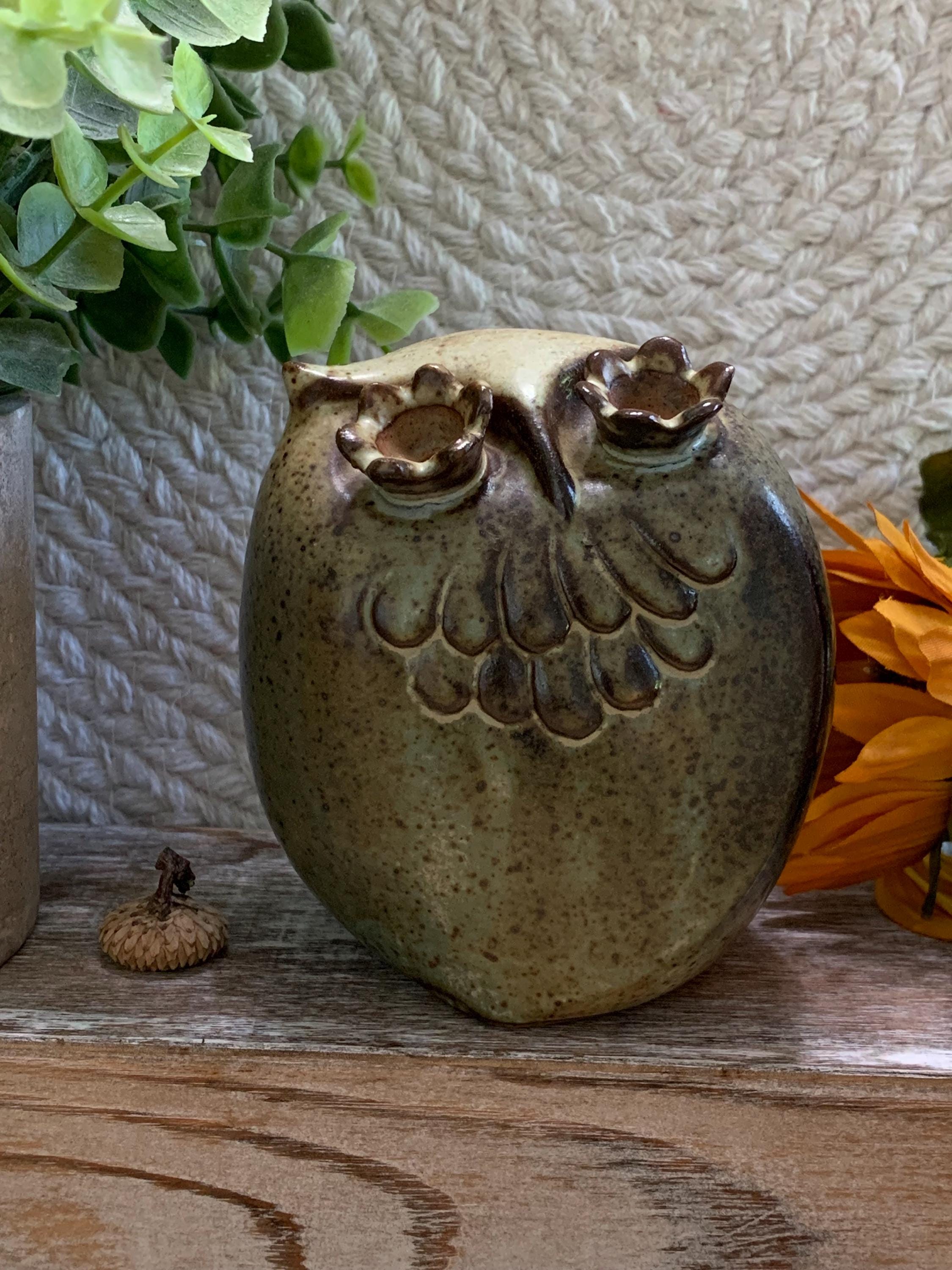 Studio Pottery Owl Figurine - Speckled Green Brown Ceramic 3.5” Tall