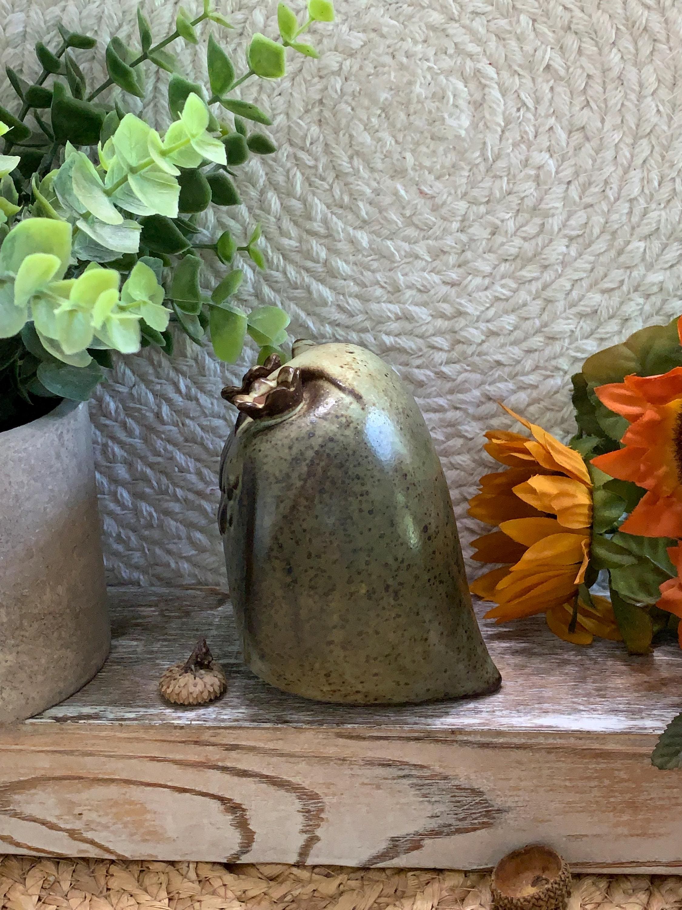Studio Pottery Owl Figurine - Speckled Green Brown Ceramic 3.5” Tall