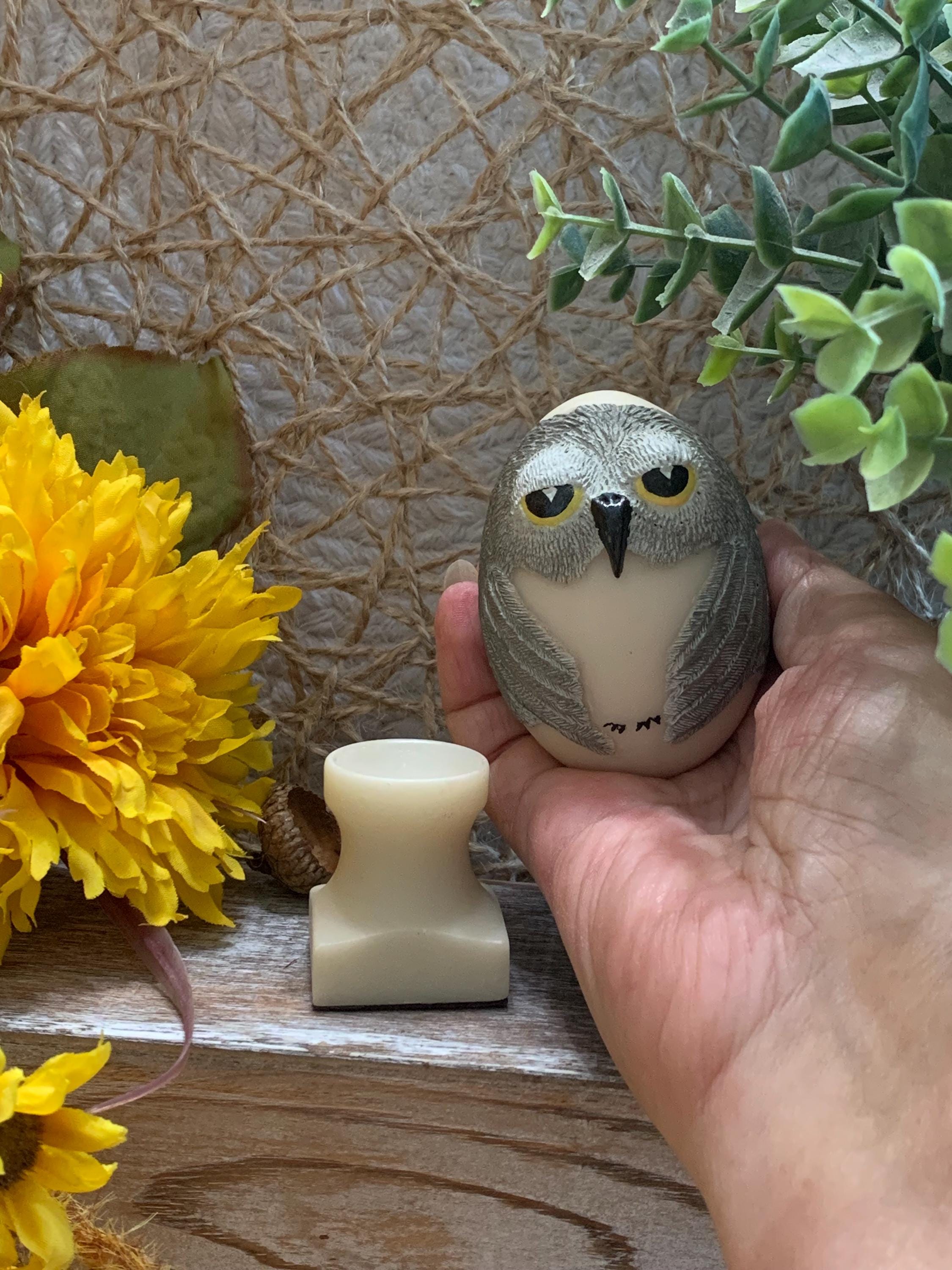 Mini Owl Figurine with Pedestal – Resin Egg Owl – Cute Woodland Shelf Decor