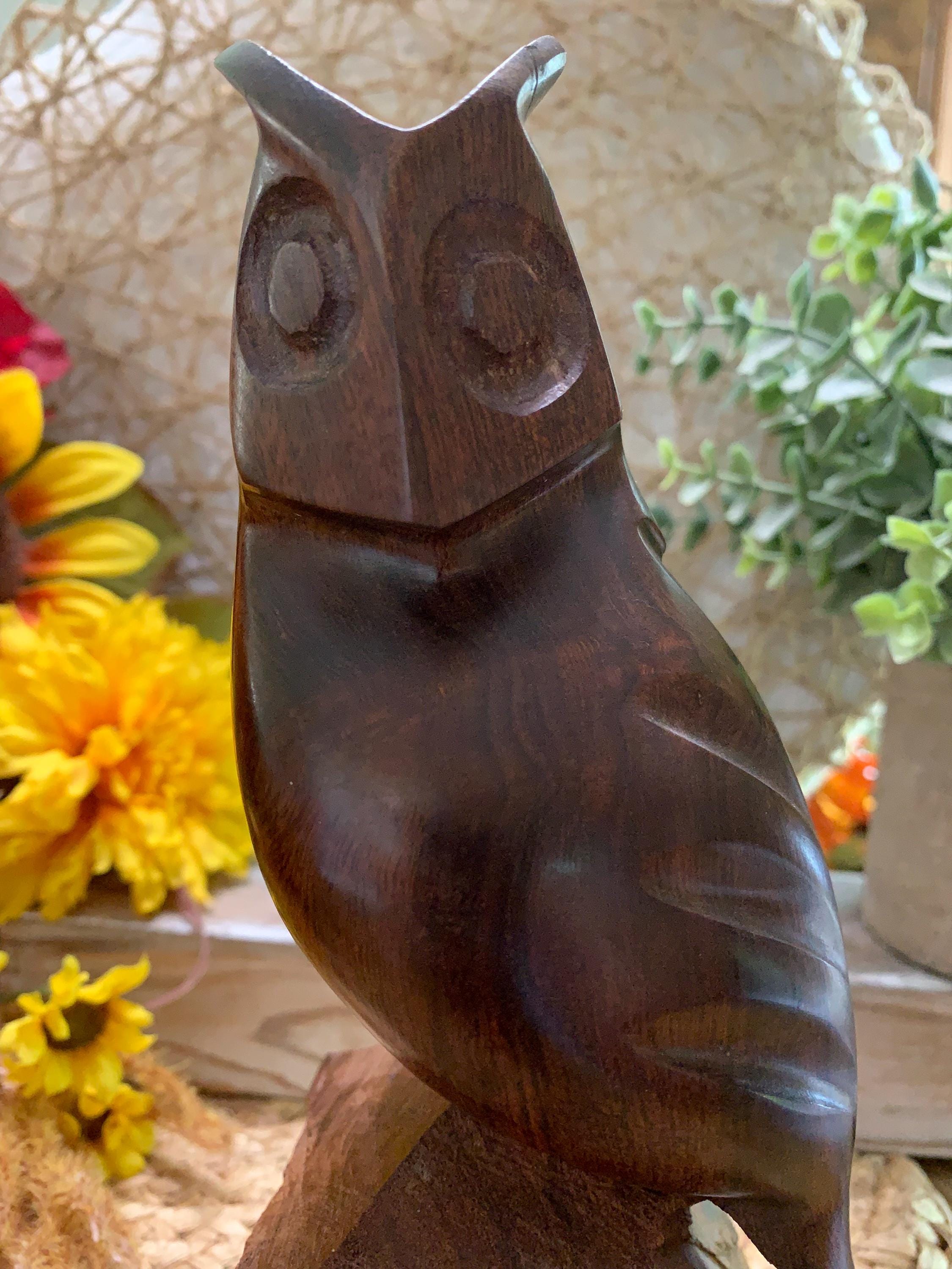 Solid Wood Hand Carved Owl Sculpture – 8.75” Tall – Rustic Folk Art Decor