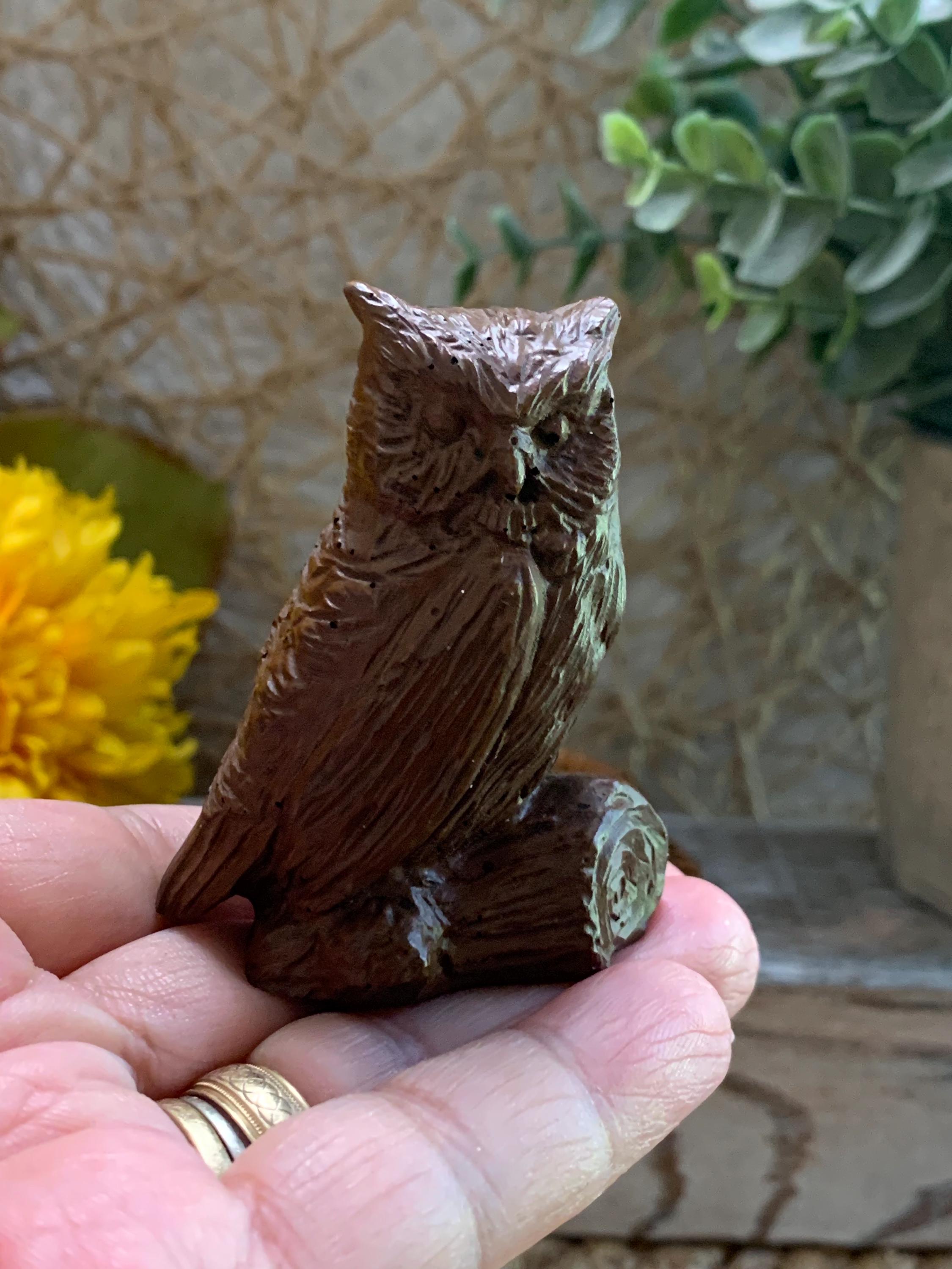 Mini Resin Owl Figurine – 2.25” Tall – Faux Wood Look – Rustic Wildlife Decor