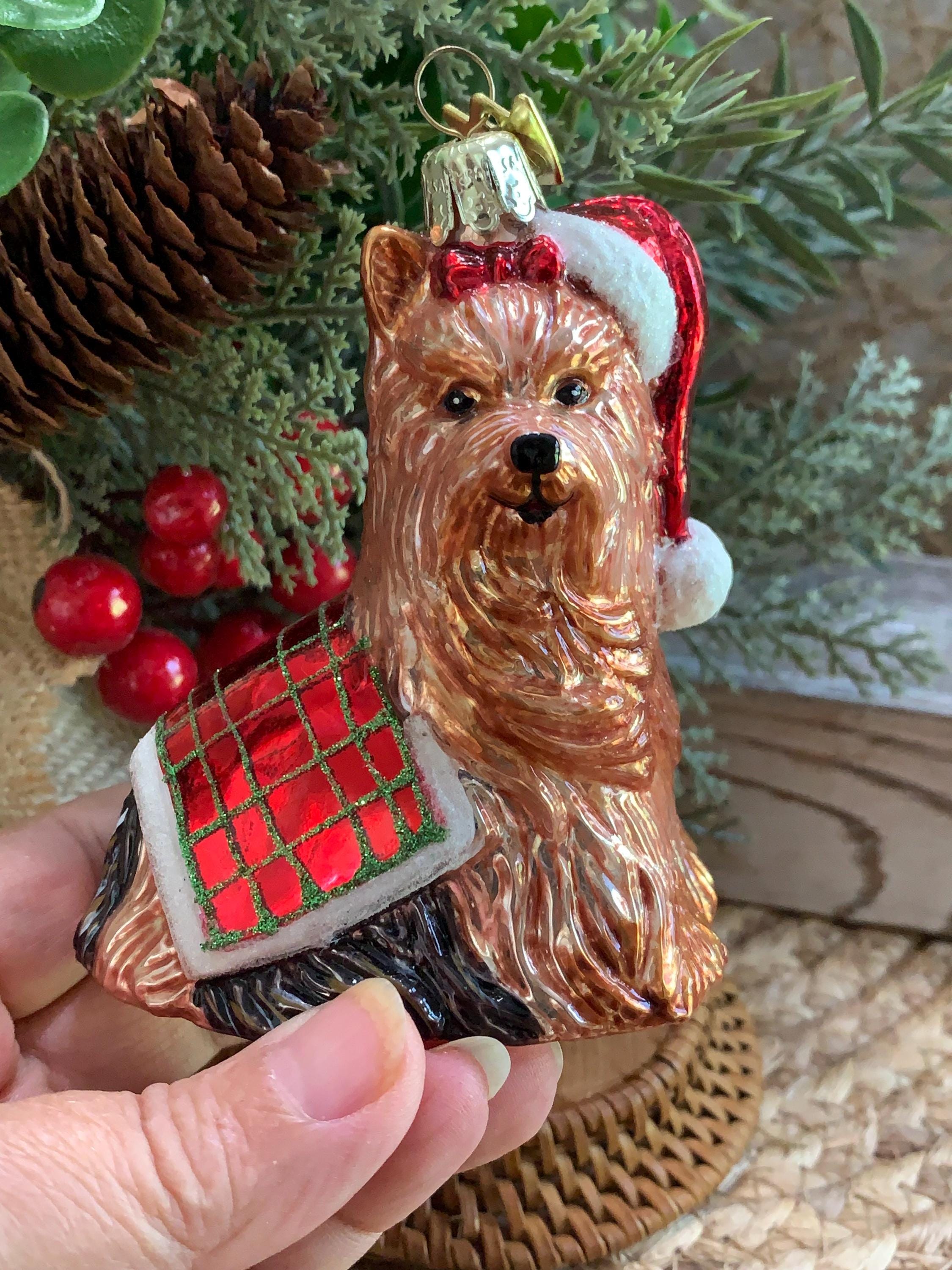 Vintage KSA Glass Yorkie Dog Christmas Ornament – Hand Painted Plaid Coat