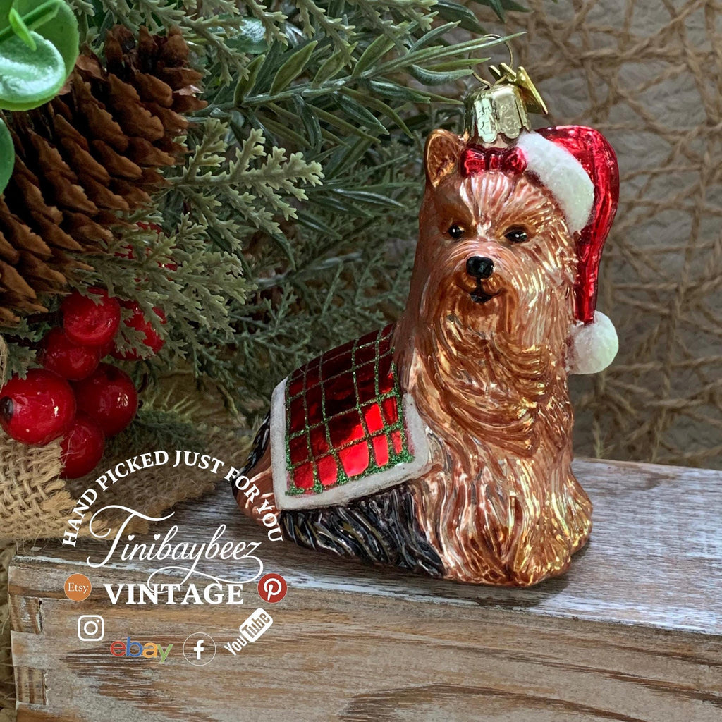 Vintage KSA Glass Yorkie Dog Christmas Ornament – Hand Painted Plaid Coat