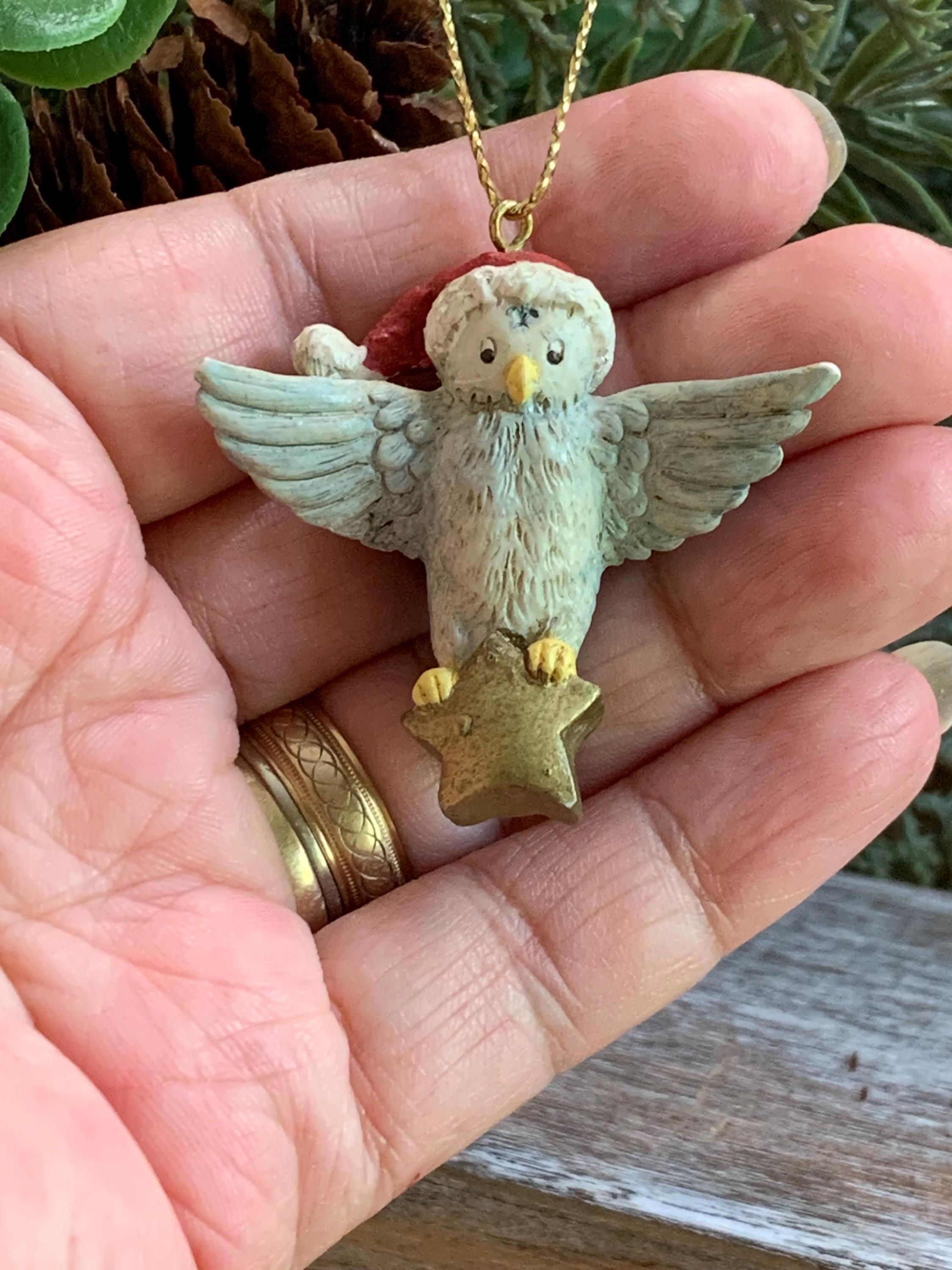 Vintage Disney Owl Christmas Ornament – Santa Hat & Star – 1.5” Resin Figure