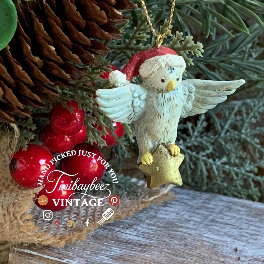 Vintage Disney Owl Christmas Ornament – Santa Hat & Star – 1.5” Resin Figure