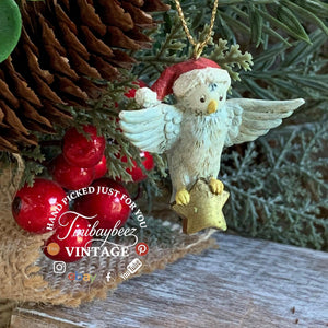Vintage Disney Owl Christmas Ornament – Santa Hat & Star – 1.5” Resin Figure