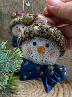 Load image into Gallery viewer, Set of 2 Snowman Head Ornaments – Rustic Resin with Blue Bow &amp; Santa Hat
