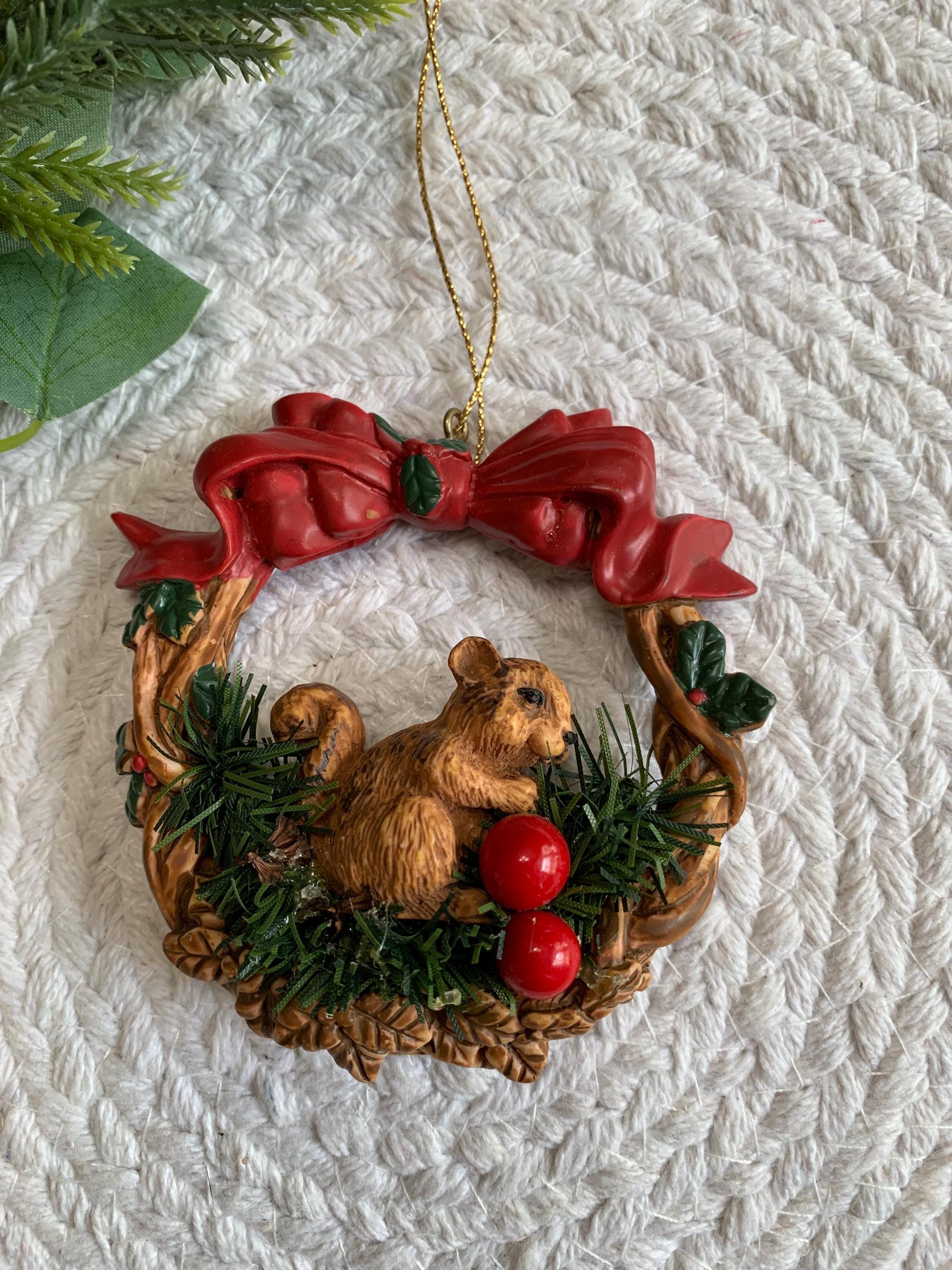 Vintage Squirrel Ornament - Silvestri Wreath with Bow and Berries - 1980s Taiwan