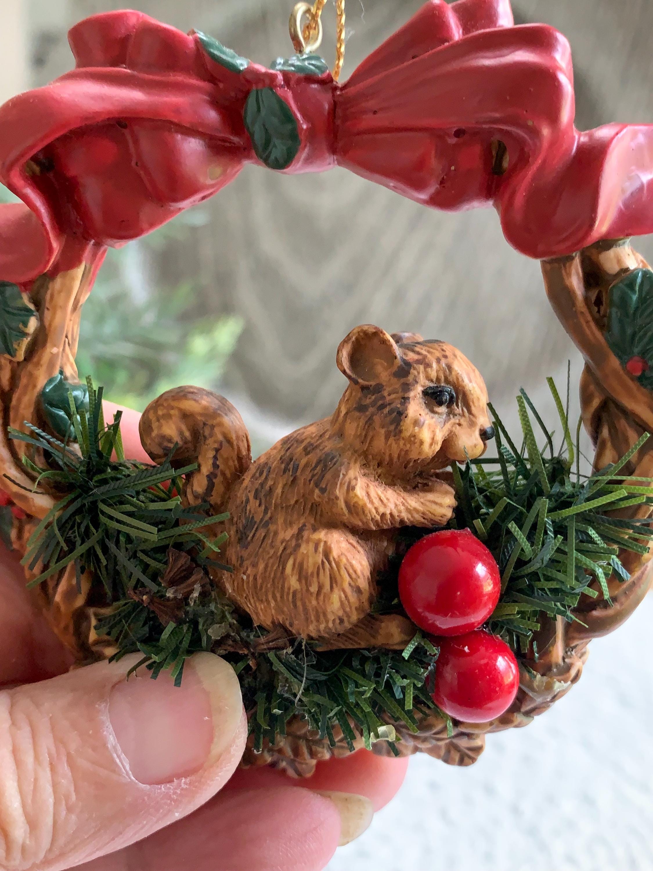 Vintage Squirrel Ornament - Silvestri Wreath with Bow and Berries - 1980s Taiwan