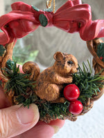 Load image into Gallery viewer, Vintage Squirrel Ornament - Silvestri Wreath with Bow and Berries - 1980s Taiwan
