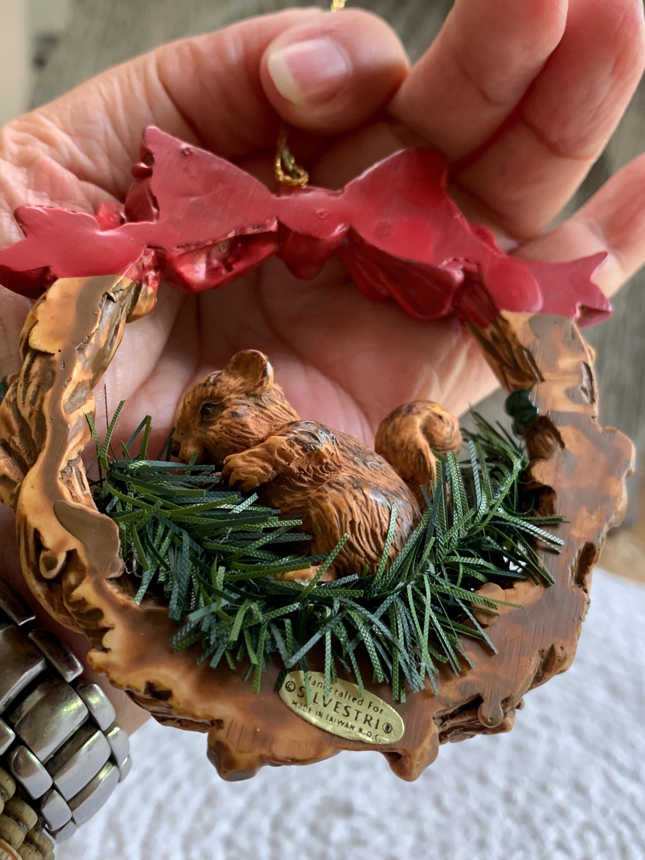 Vintage Squirrel Ornament - Silvestri Wreath with Bow and Berries - 1980s Taiwan