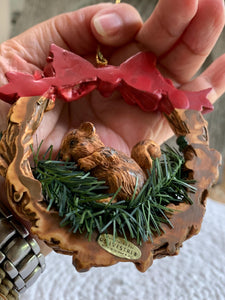 Vintage Squirrel Ornament - Silvestri Wreath with Bow and Berries - 1980s Taiwan