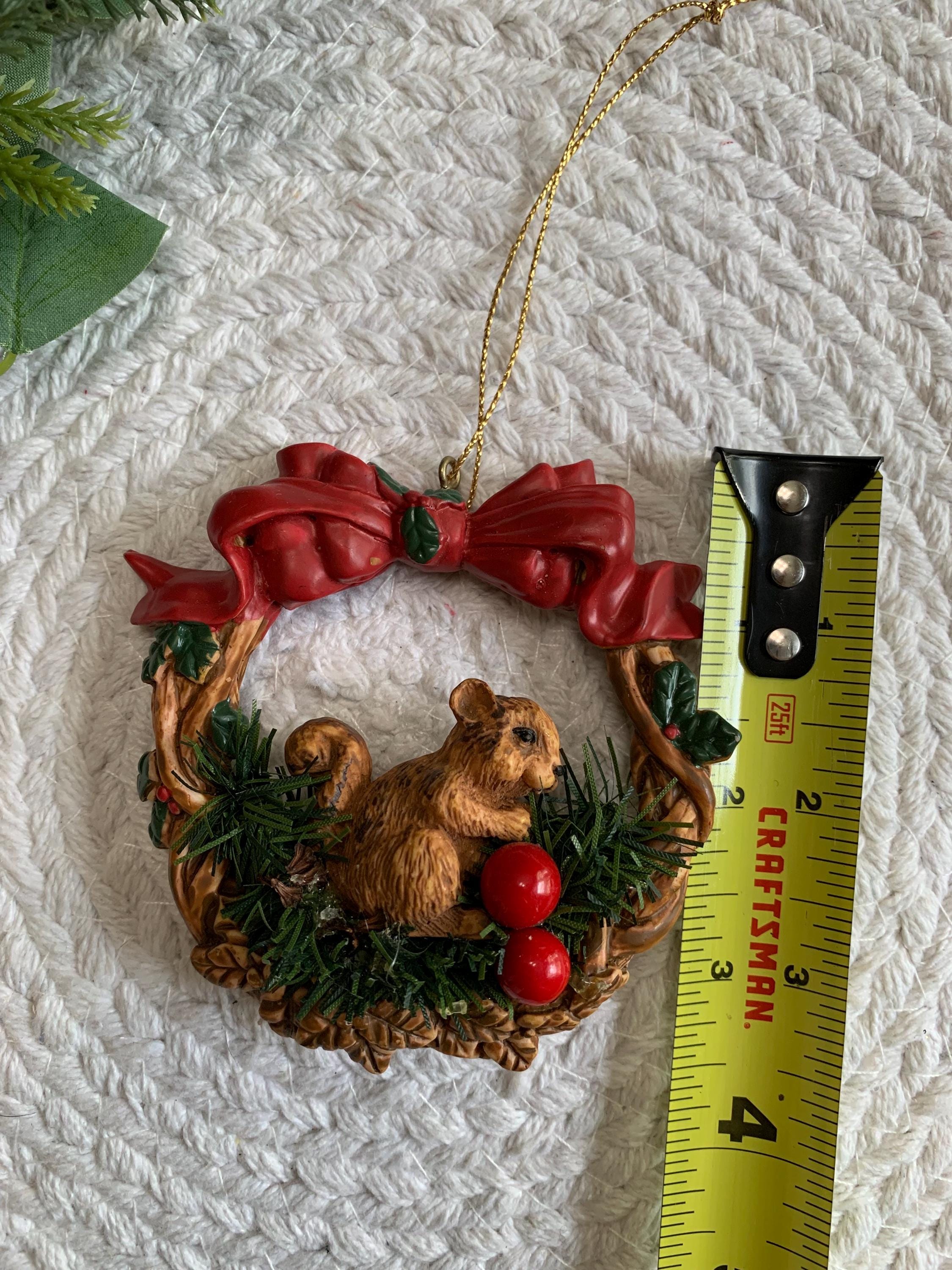 Vintage Squirrel Ornament - Silvestri Wreath with Bow and Berries - 1980s Taiwan