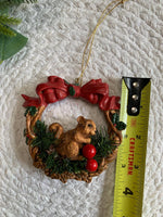 Load image into Gallery viewer, Vintage Squirrel Ornament - Silvestri Wreath with Bow and Berries - 1980s Taiwan
