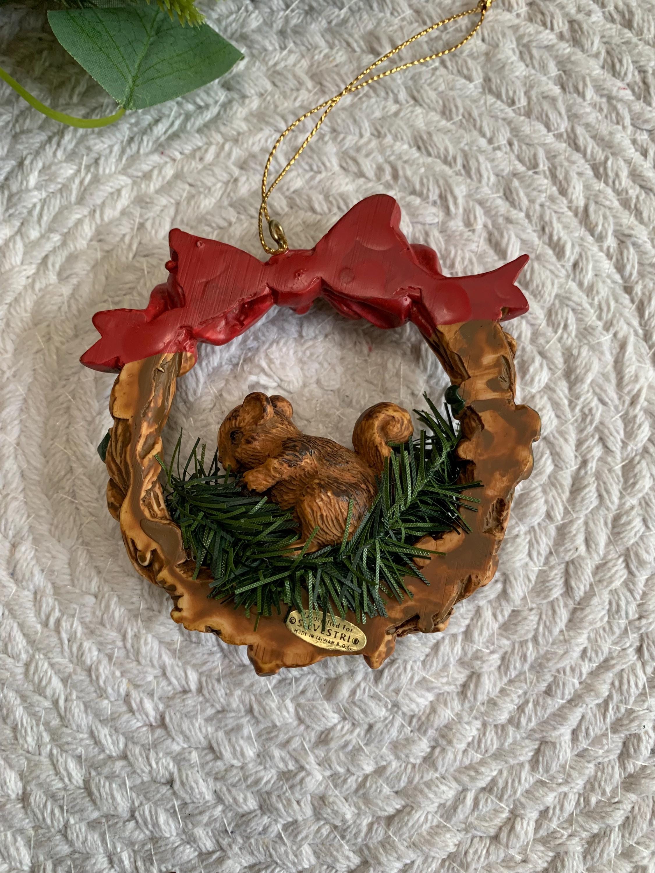 Vintage Squirrel Ornament - Silvestri Wreath with Bow and Berries - 1980s Taiwan