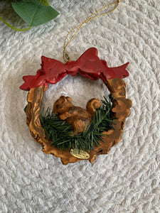 Vintage Squirrel Ornament - Silvestri Wreath with Bow and Berries - 1980s Taiwan