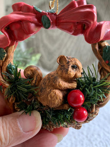 Vintage Squirrel Ornament - Silvestri Wreath with Bow and Berries - 1980s Taiwan