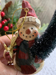 Vintage Snowman Ornament with Bottle Brush Tree – Rustic Pot Holiday Decor