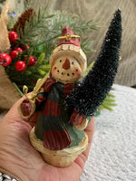 Load image into Gallery viewer, Vintage Snowman Ornament with Bottle Brush Tree – Rustic Pot Holiday Decor
