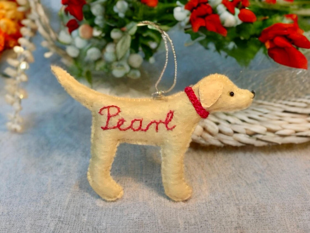 Personalized Yellow Lab Ornament with a crochet collar