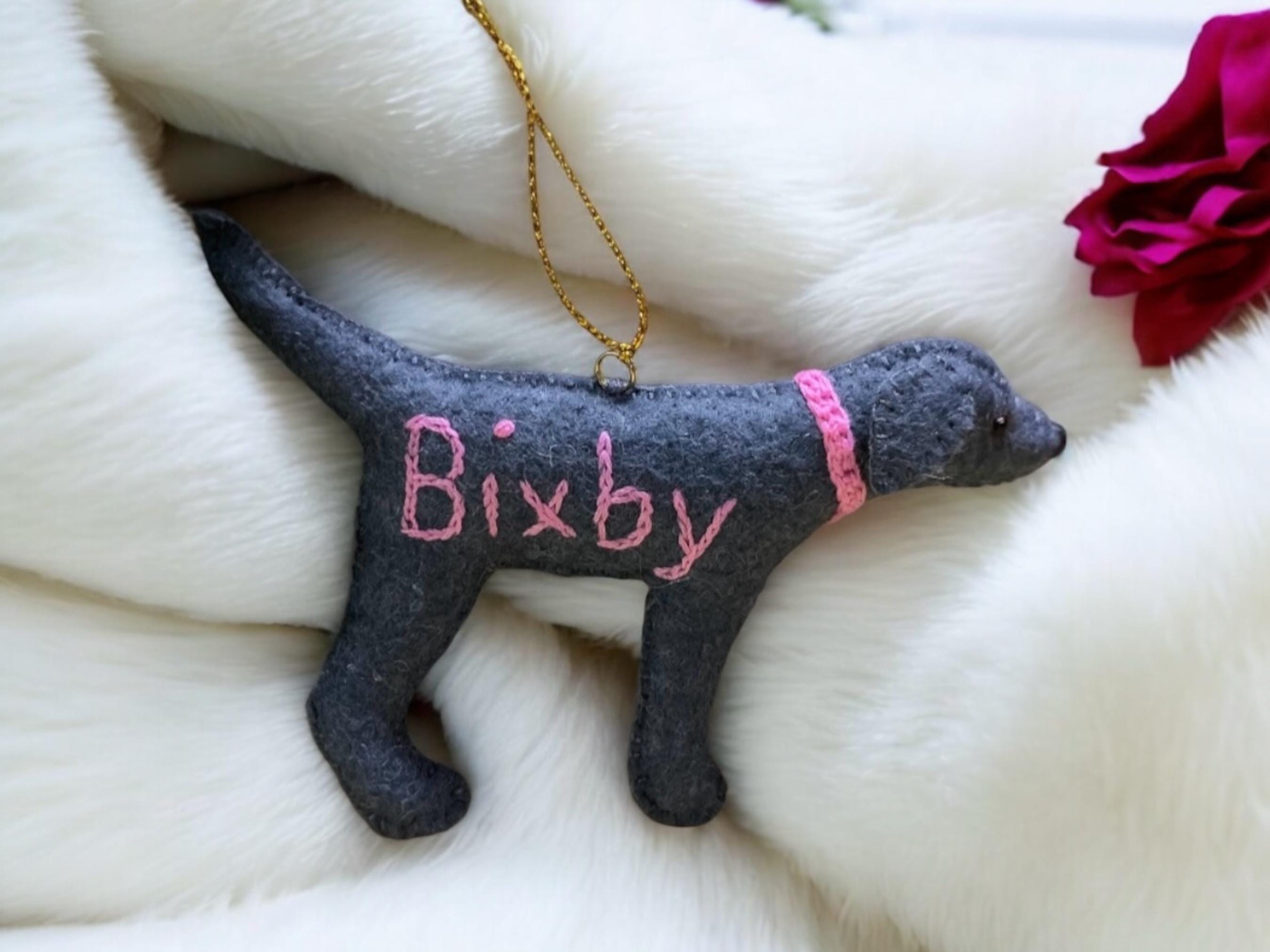 Personalized Silver Lab Ornament with a crochet collar