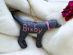 Load image into Gallery viewer, Personalized Silver Lab Ornament with a crochet collar
