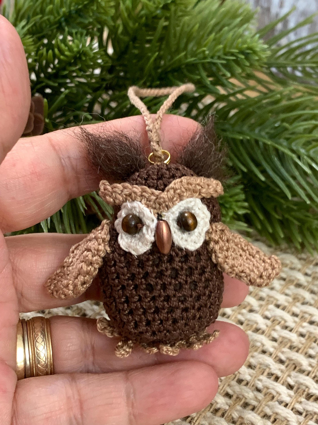 Handmade Amigurumi Owl Ornament – 2” Crochet Woodland Bird with Wooden Bead Eyes and Needle Felted Tufts